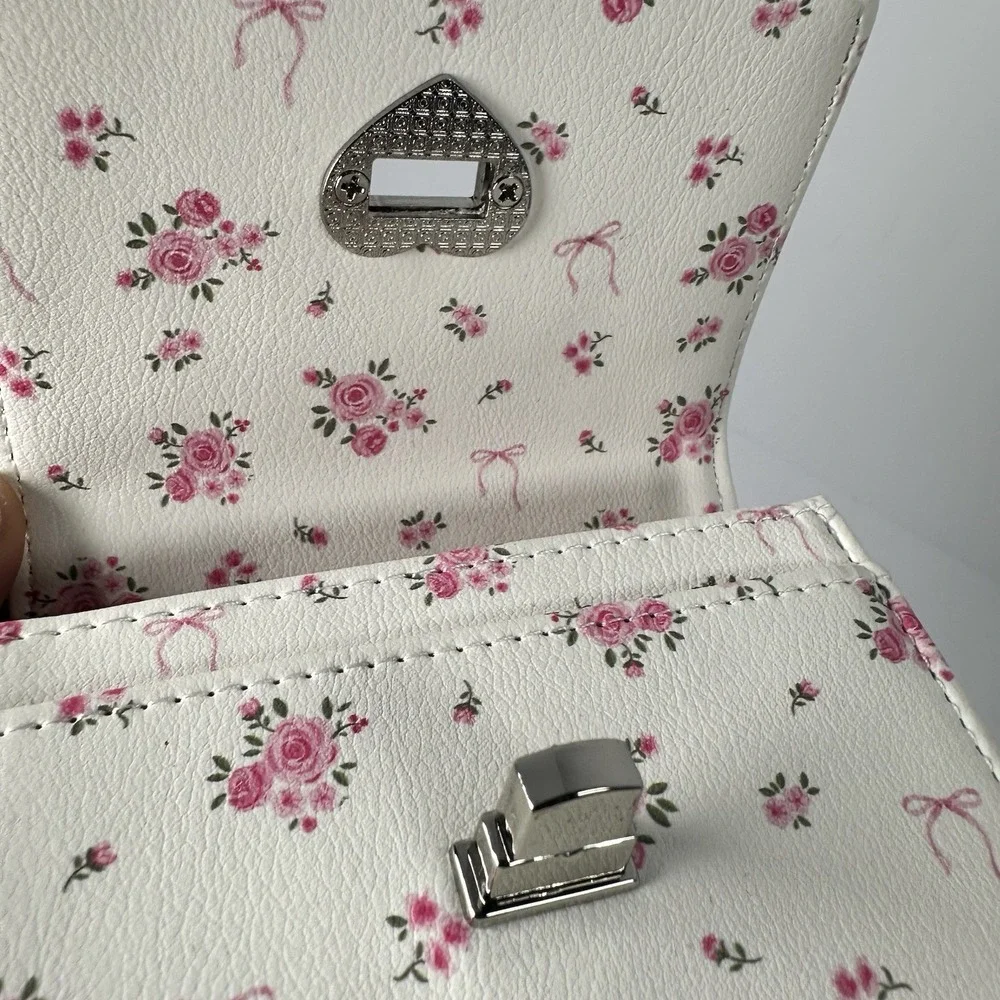 Madden Girl Floral Bow Wallet White Pink Turn Lock Small Wallet Coquette NWT